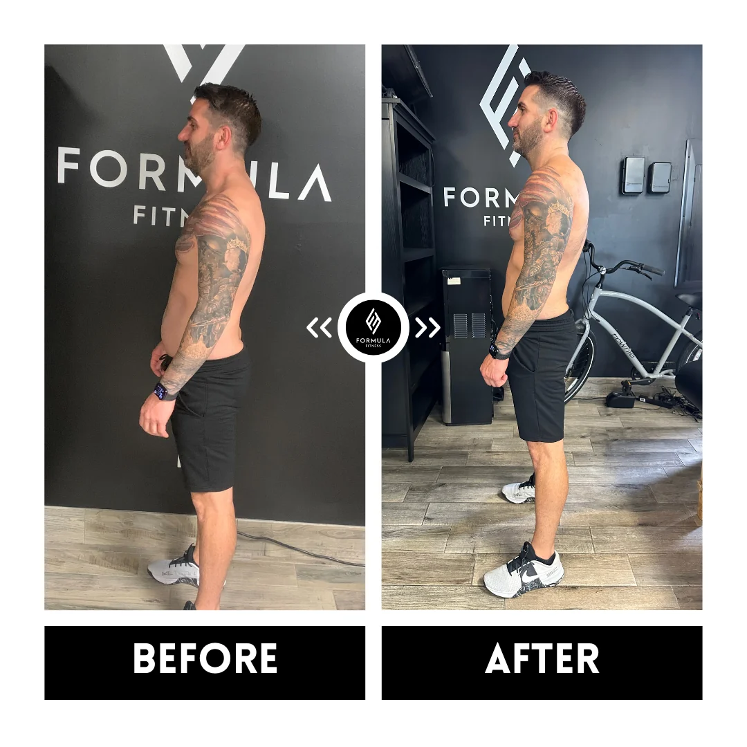 Side-by-side comparison of a second Formula Fitness community member, side view, labeled BEFORE on the left and AFTER on the right.