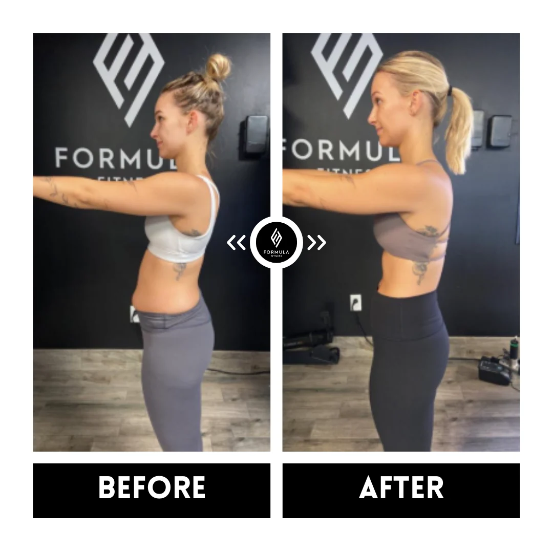 Side-by-side comparison of a third Formula Fitness community member, side view, labeled BEFORE on the left and AFTER on the right.